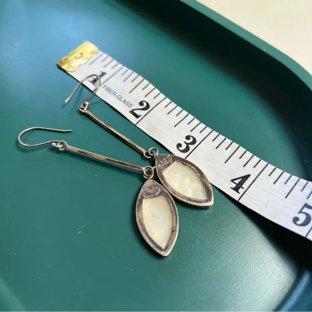 Vintage 925 Sterling Silver Moonstone Mother of Pearl Teardrop Long Earrings